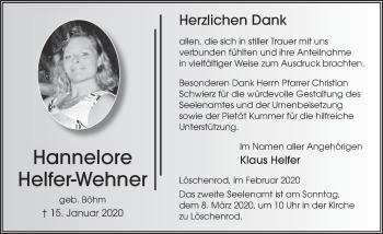 Traueranzeige von Hannelore Helfer-Wehner von FZ