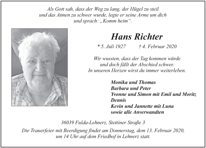 Traueranzeige für Hans Richter vom 08.02.2020 aus FZ