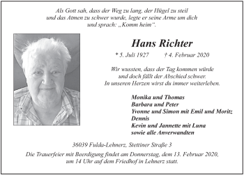 Traueranzeige von Hans Richter von FZ