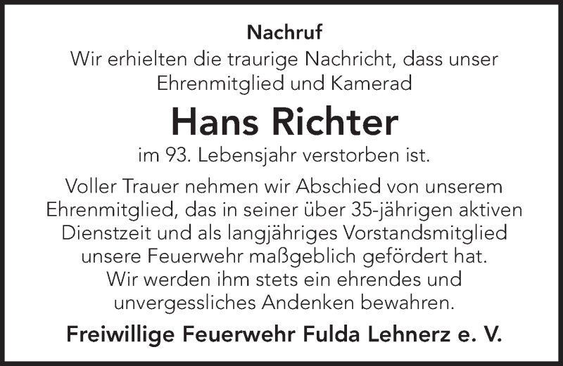  Traueranzeige für Hans Richter vom 08.02.2020 aus FZ