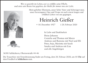 Traueranzeige von Heinrich Gießer von FZ