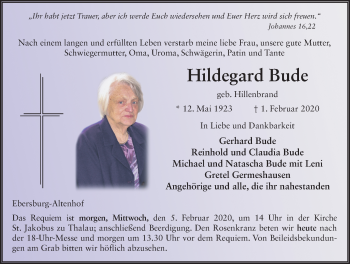 Traueranzeige von Hildegard Bude von FZ