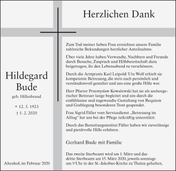 Traueranzeige von Hildegard Bude von FZ