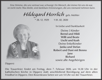 Traueranzeige von Hildegard Herrlich von FZ