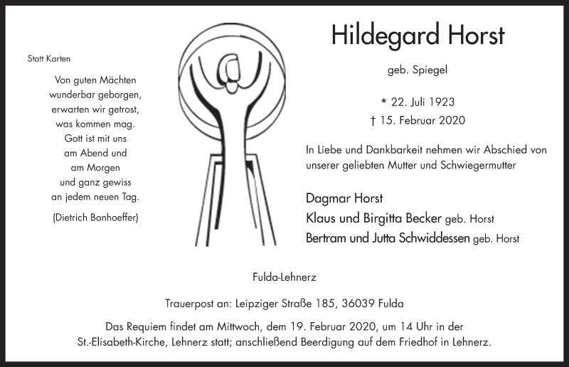  Traueranzeige für Hildegard Horst vom 18.02.2020 aus FZ