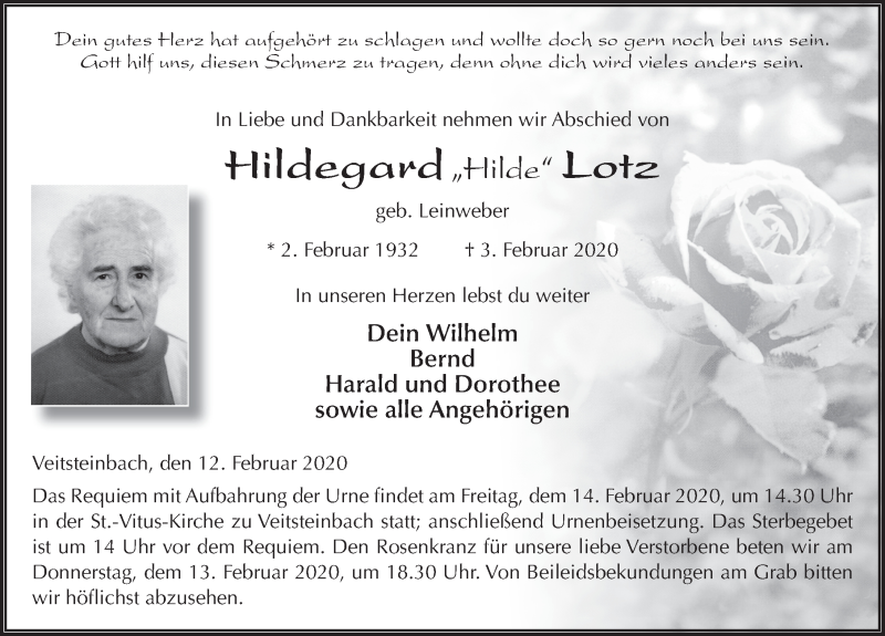  Traueranzeige für Hildegard Lotz vom 12.02.2020 aus FZ