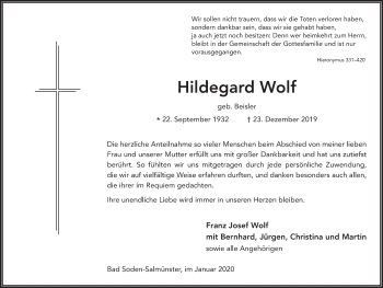 Traueranzeige von Hildegard Wolf von FZ