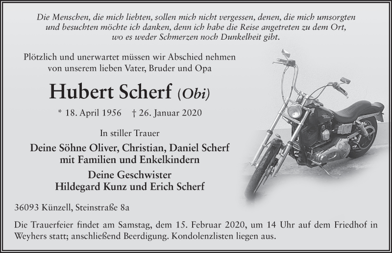  Traueranzeige für Hubert Scherf vom 12.02.2020 aus FZ