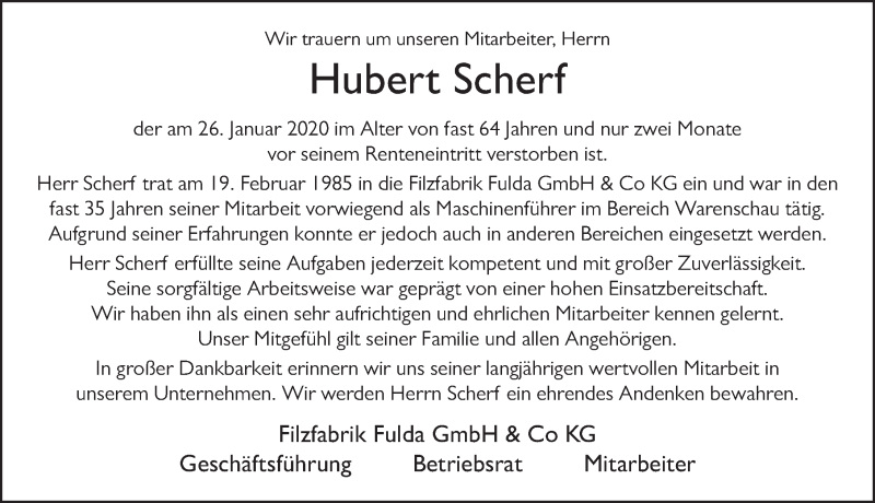  Traueranzeige für Hubert Scherf vom 12.02.2020 aus FZ