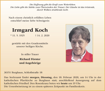 Traueranzeige von Irmgard Koch von FZ