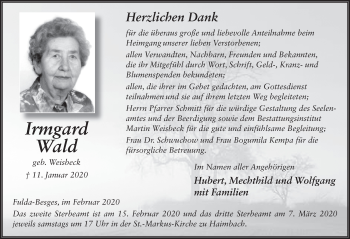 Traueranzeige von Irmgard Wald von FZ