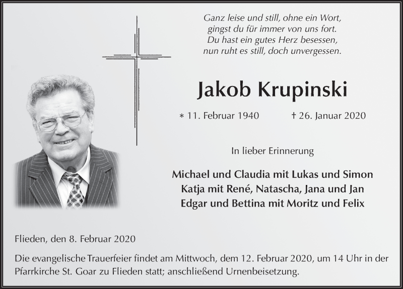 Traueranzeige für Jakob Krupinski vom 08.02.2020 aus FZ