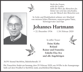Traueranzeige von Johannes Hartmann von FZ