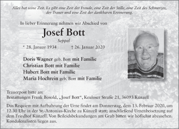 Traueranzeige von Josef Bott von FZ