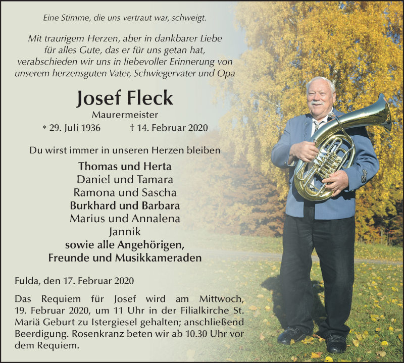  Traueranzeige für Josef Fleck vom 17.02.2020 aus FZ