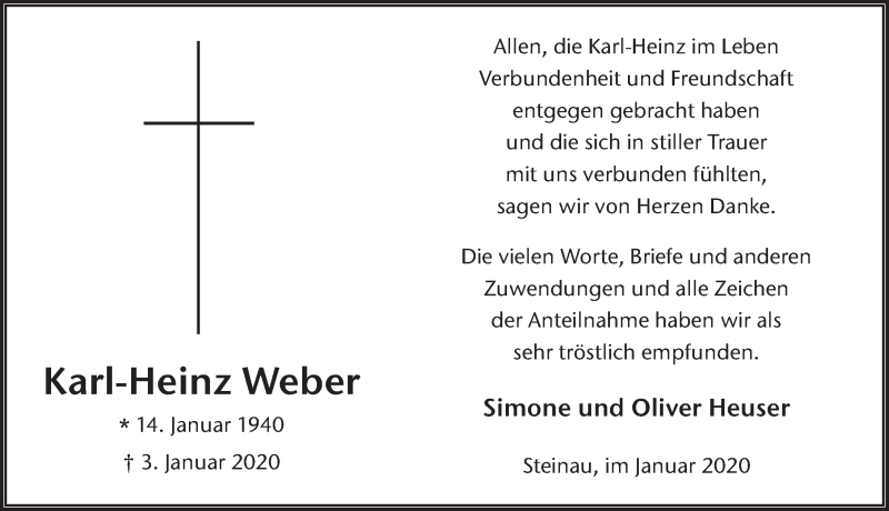  Traueranzeige für Karl-Heinz Weber vom 01.02.2020 aus FZ