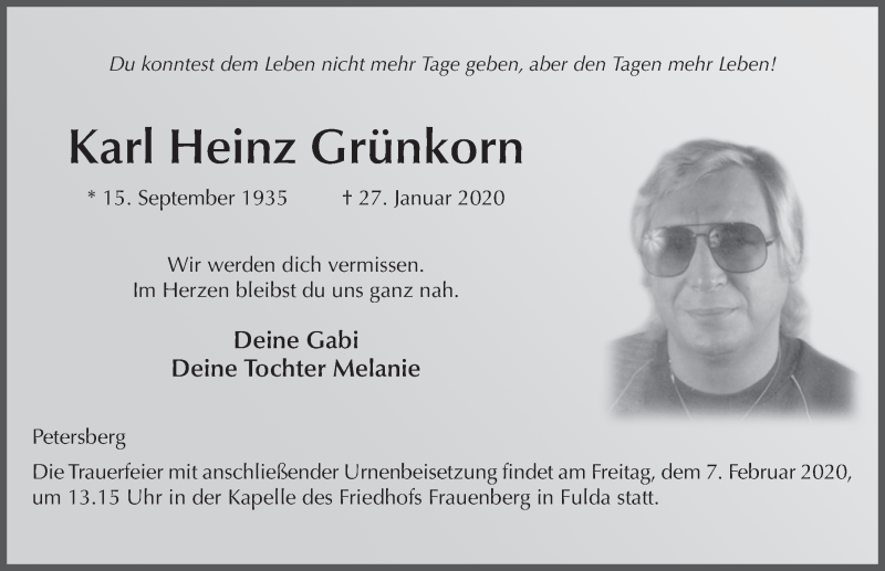  Traueranzeige für Karl Heinz Grünkorn vom 05.02.2020 aus FZ