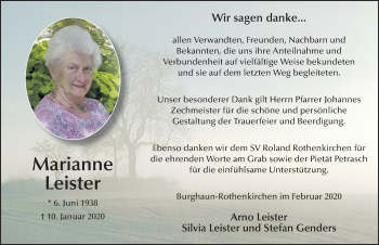 Traueranzeige von Marianne Leister von FZ