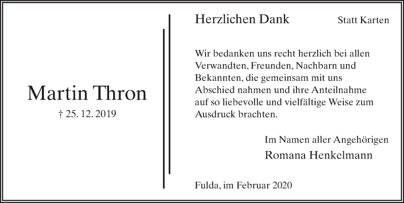  Traueranzeige für Martin Thron vom 08.02.2020 aus FZ