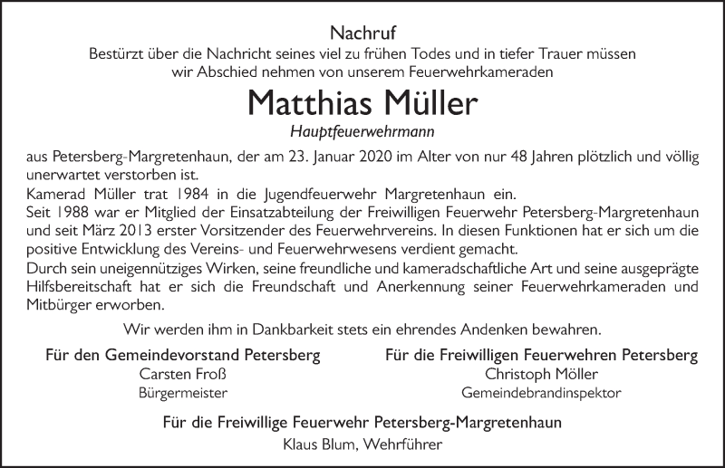  Traueranzeige für Matthias Müller vom 03.02.2020 aus FZ