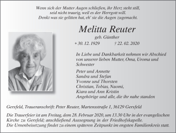 Traueranzeige von Melitta Reuter von FZ
