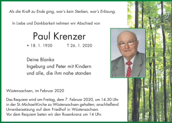 Traueranzeige von Paul Krenzer von FZ