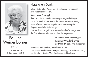 Traueranzeige von Pauline Weidenbörner von FZ