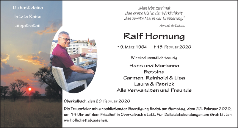  Traueranzeige für Ralf Hornung vom 20.02.2020 aus FZ