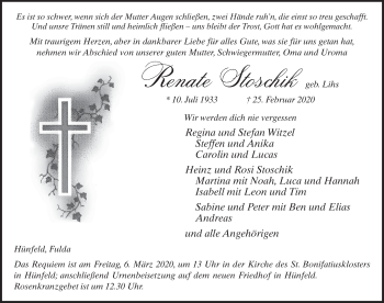 Traueranzeige von Renate Stoschik von FZ