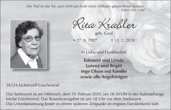 Traueranzeige von Rita Kraßler von FZ