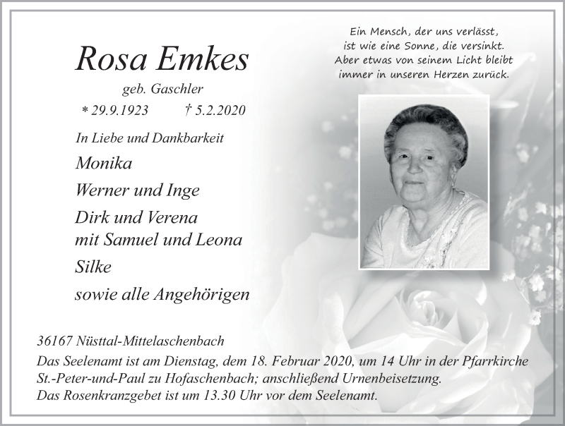  Traueranzeige für Rosa Emkes vom 14.02.2020 aus FZ