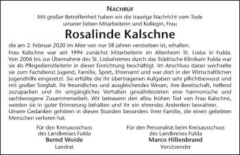 Traueranzeige von Rosalinde Kalschne von FZ
