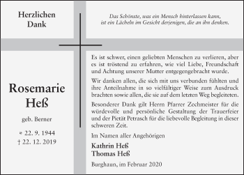 Traueranzeige von Rosemarie Heß von FZ