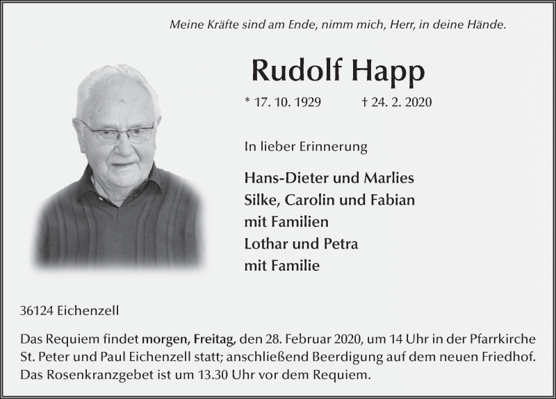  Traueranzeige für Rudolf Happ vom 27.02.2020 aus FZ