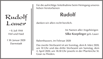 Traueranzeige von Rudolf Lauer von FZ
