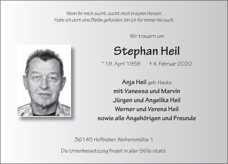  Traueranzeige für Stephan Heil vom 08.02.2020 aus FZ