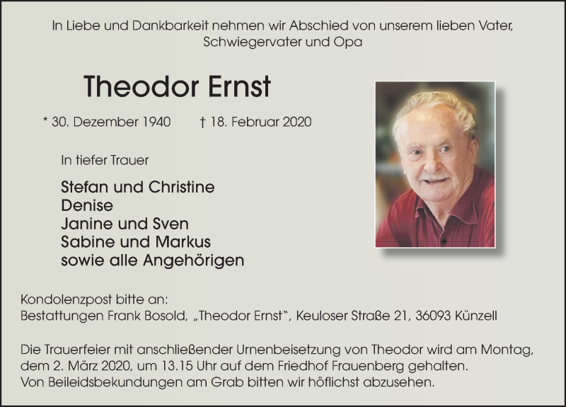  Traueranzeige für Theodor Ernst vom 29.02.2020 aus FZ