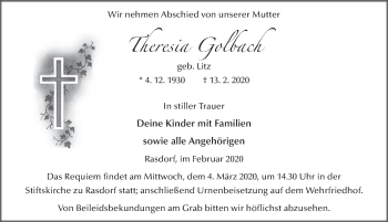 Traueranzeige von Theresia Golbach von FZ