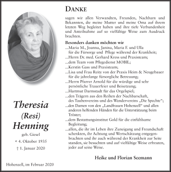 Traueranzeige von Theresia Henning von FZ