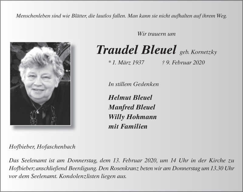  Traueranzeige für Traudel Bleuel vom 11.02.2020 aus FZ