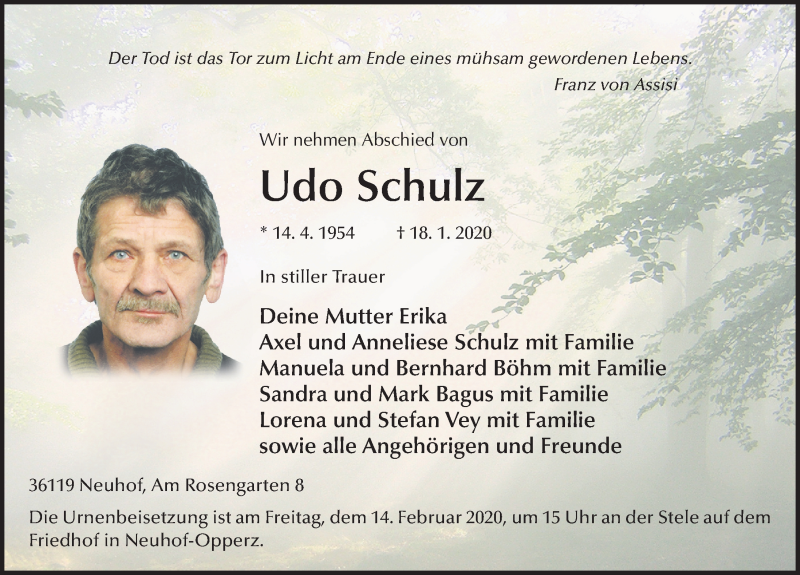  Traueranzeige für Udo Schulz vom 10.02.2020 aus FZ