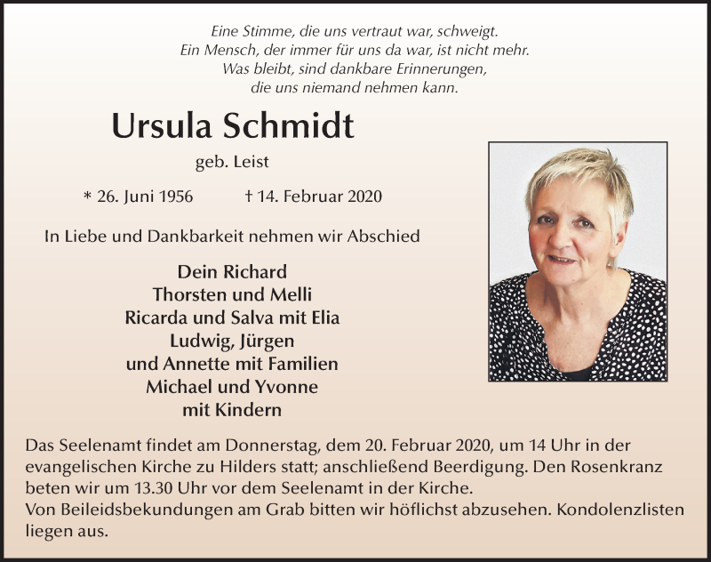  Traueranzeige für Ursula Schmidt vom 18.02.2020 aus FZ