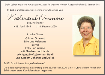 Traueranzeige von Waltraud Ommert von FZ
