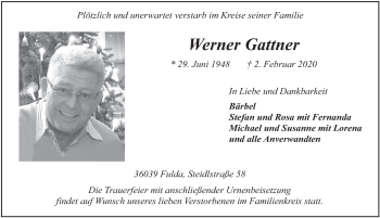 Traueranzeige von Werner Gattner von FZ