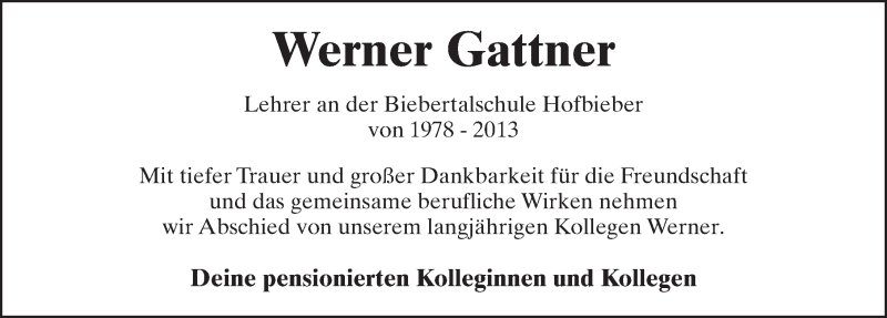  Traueranzeige für Werner Gattner vom 08.02.2020 aus FZ