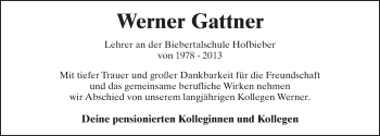 Traueranzeige von Werner Gattner von FZ