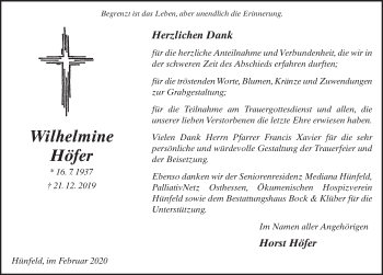 Traueranzeige von Wilhelmine Höfer von FZ