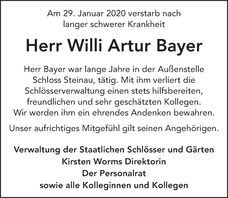  Traueranzeige für Willi Bayer vom 13.02.2020 aus FZ
