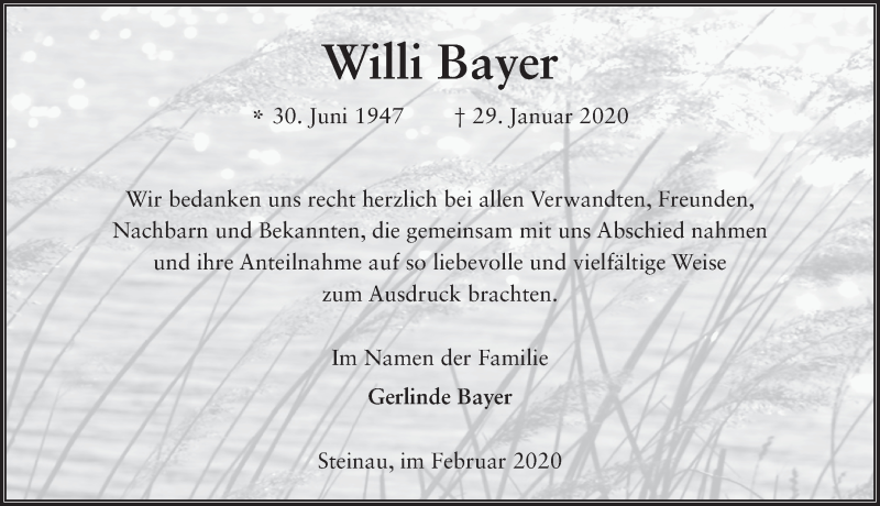  Traueranzeige für Willi Bayer vom 22.02.2020 aus FZ