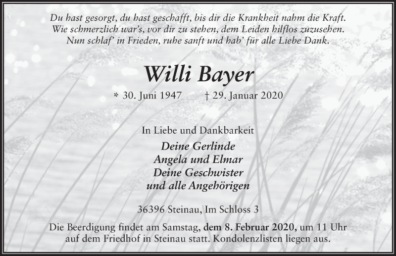 Traueranzeige für Willi Bayer vom 04.02.2020 aus FZ